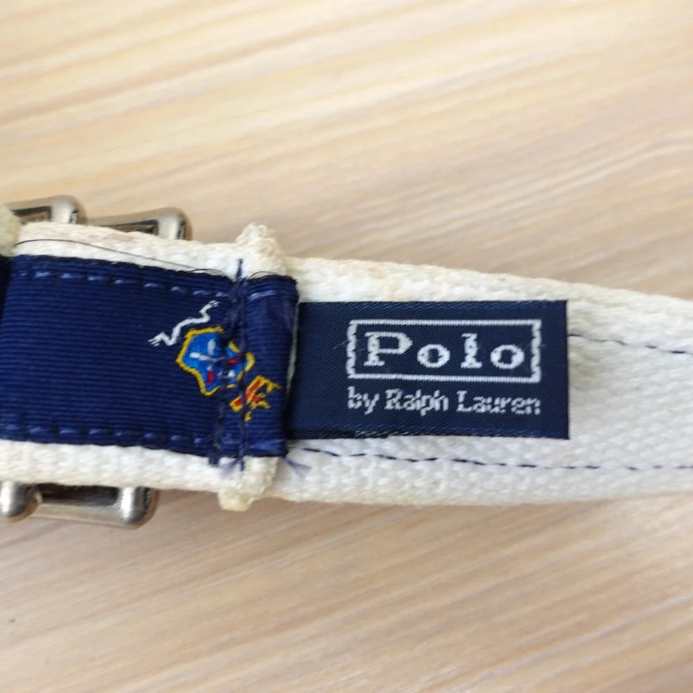 Vintage Polo Ralph Lauren Belt 36 M Navy White Canvas Crest Logo USA Made Preppy
